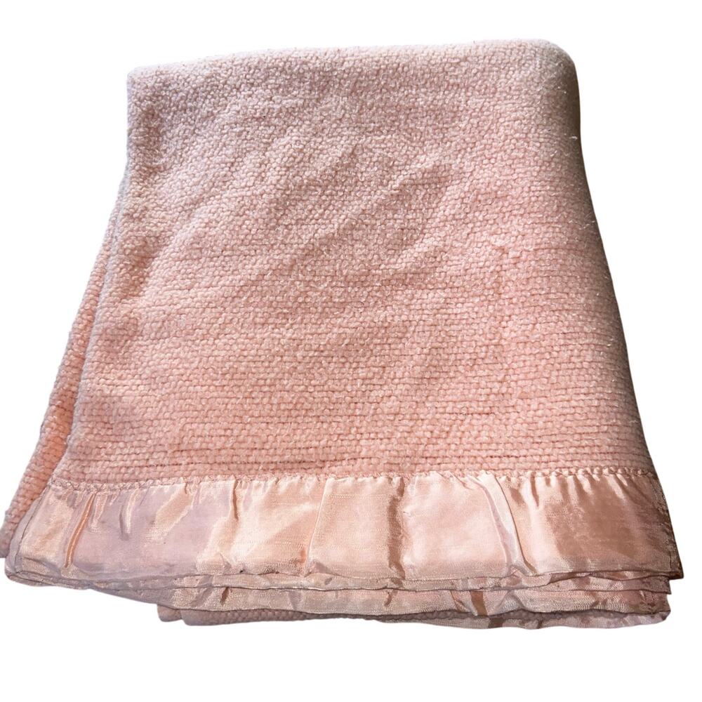 Vintage blanket pink waffle weave thermal blanket nylon satin bound edge 65x80”